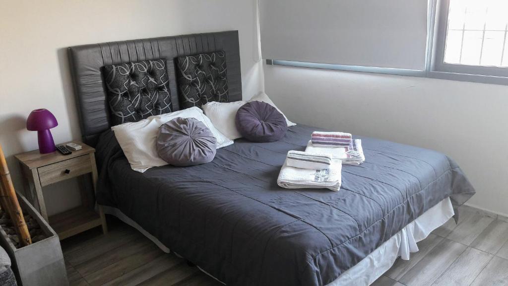 een slaapkamer met een bed met blauwe lakens en kussens bij Apartamento Syrah -Céntrico- in Mendoza
