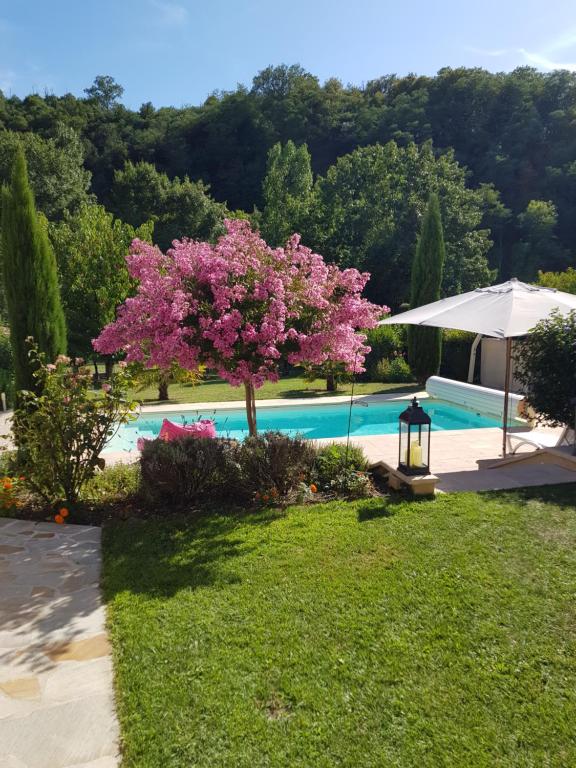 un árbol con flores rosas junto a una piscina en Sous les Remparts en Solignac