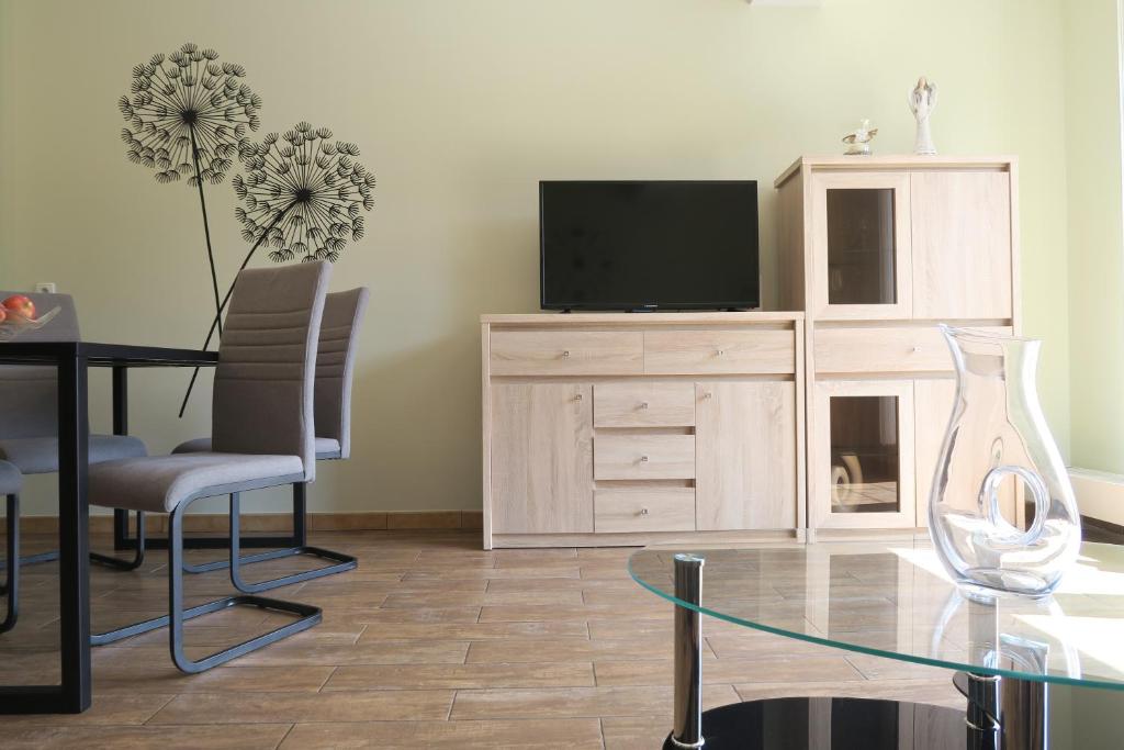 Televízia a/alebo spoločenská miestnosť v ubytovaní LuxApartament 1 - z widokiem i garażem w nowym Zeta Park