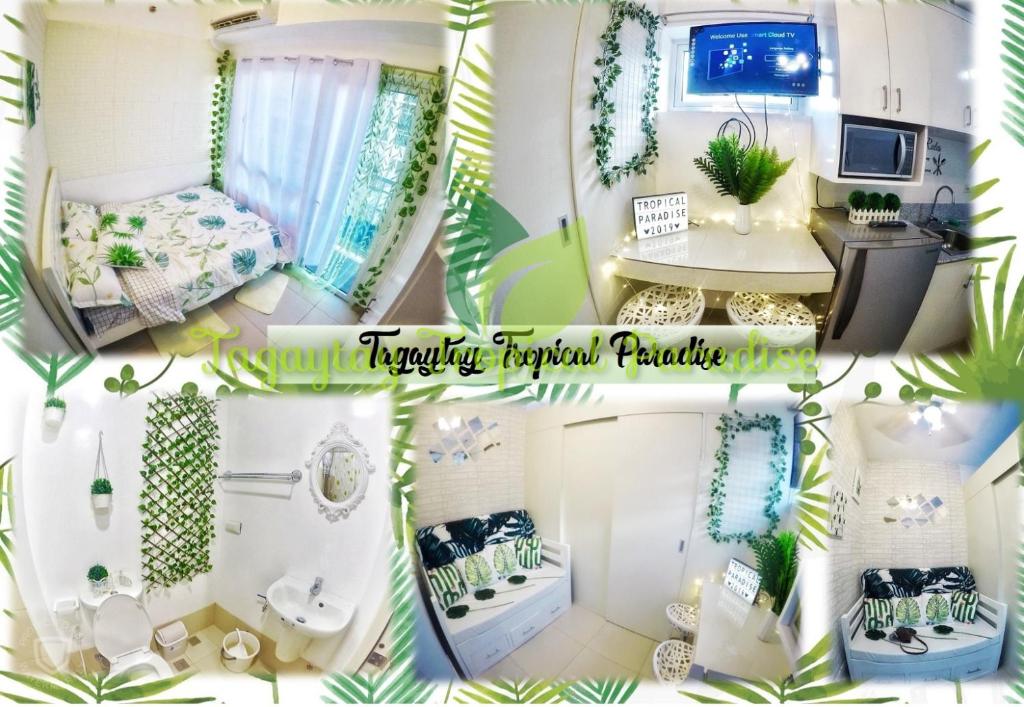 a collage of photos of a rv room at PS4+NETFLIX+TV PLUS Tagaytay Tropical Staycation at SMDC in Tagaytay