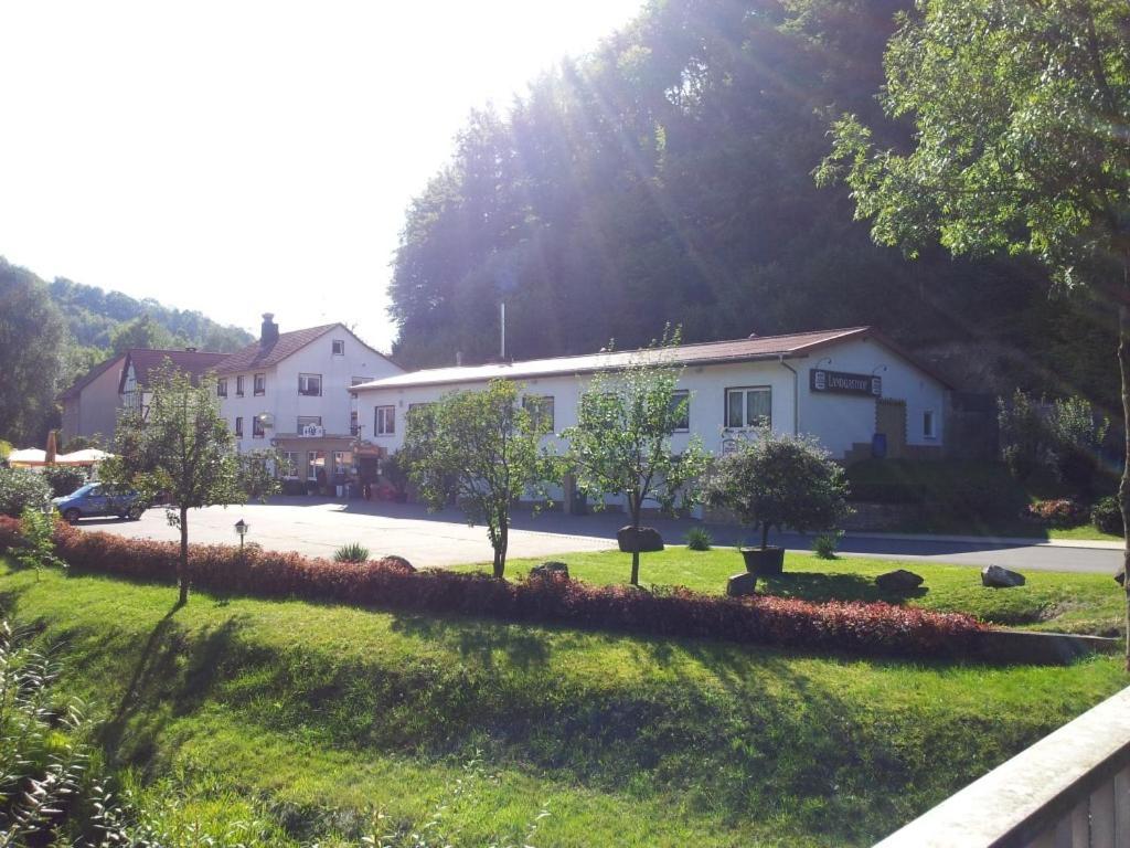 a white house with trees and a yard at Landgasthof Zum Heiligenberg in Sontra