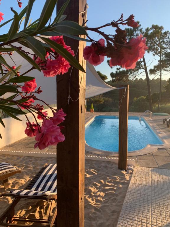 a swimming pool with pink flowers next to a table at Casa do Moinho de Baixo in Sesimbra