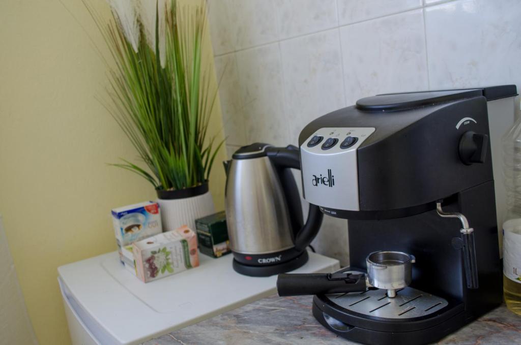 Příslušenství pro přípravu čaje a kávy v ubytování Oleander Rooms & Apartment