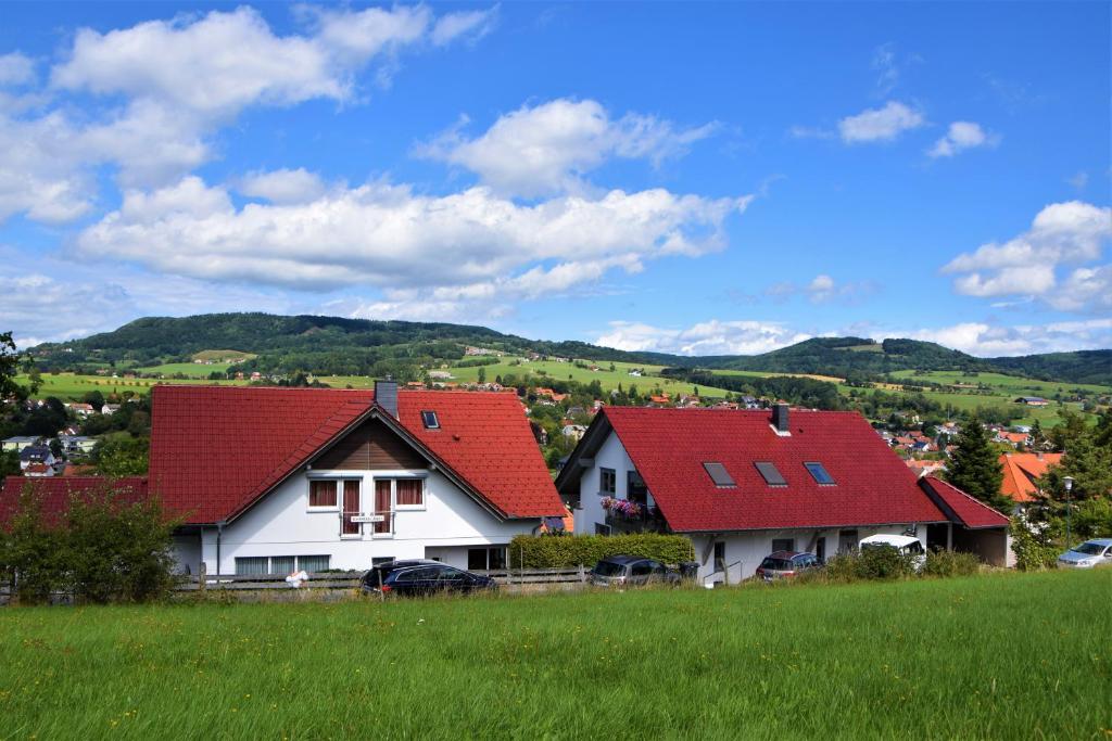 twee huizen met rode daken op een groen veld bij Gästehaus Jäger in Gersfeld