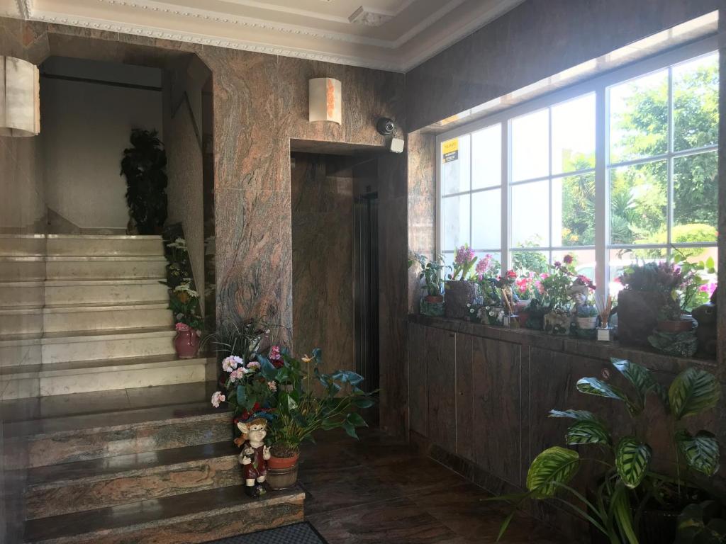 a hallway with potted plants and stairs in a building at Atlantic Waves Accommodation in Carcavelos