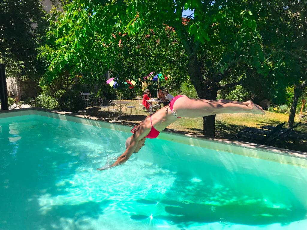 a person jumping into a swimming pool at Côté-Serein suites familiales du Clos in Noyers