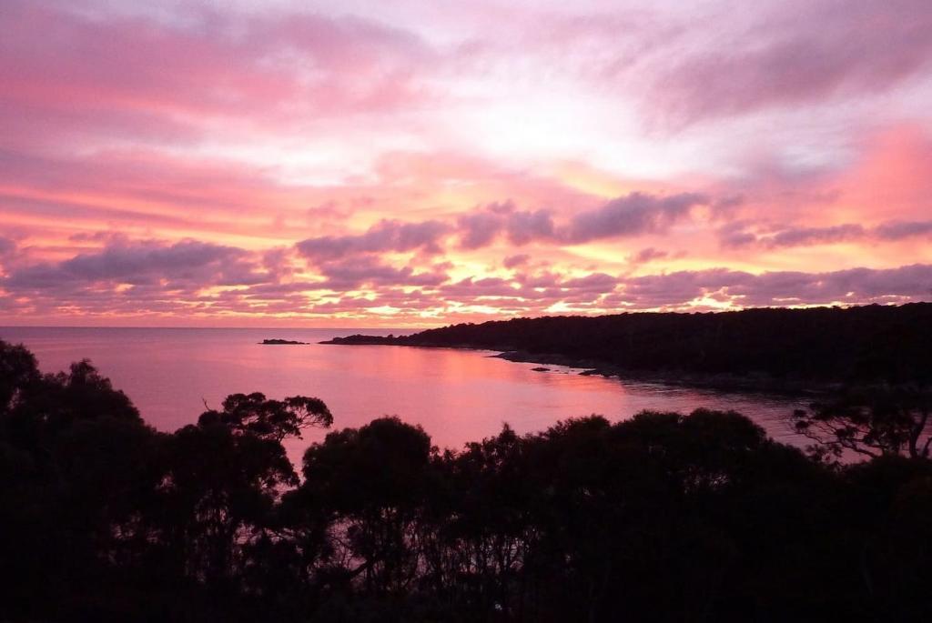 a sunset over a body of water with trees at THE LOFT @ Bay of Fires Seascape in Binalong Bay