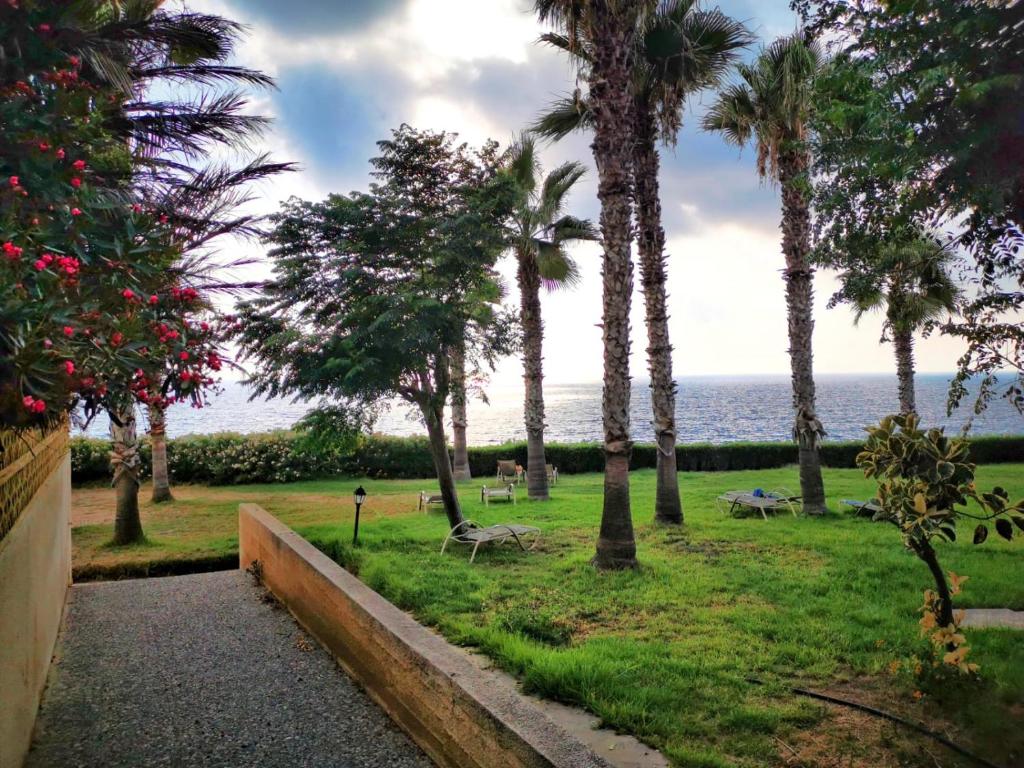 uma vista para um parque com palmeiras e o oceano em King Alexander Villa 22 em Pafos