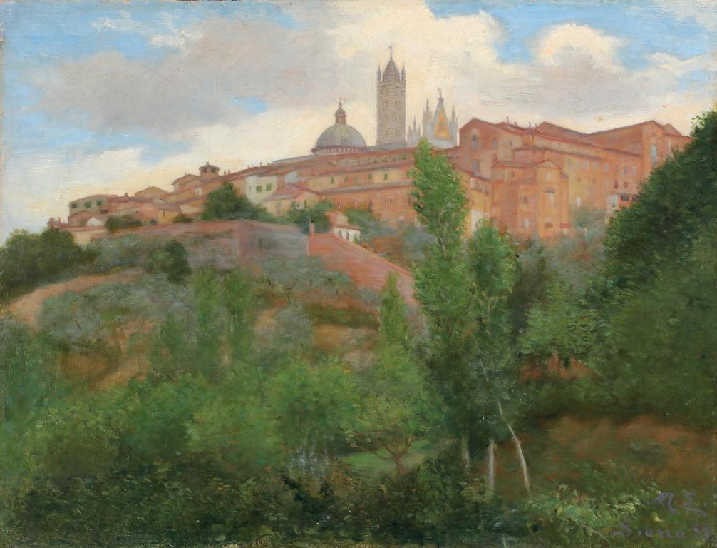 a painting of a city with buildings and trees at To dream in Siena in Siena