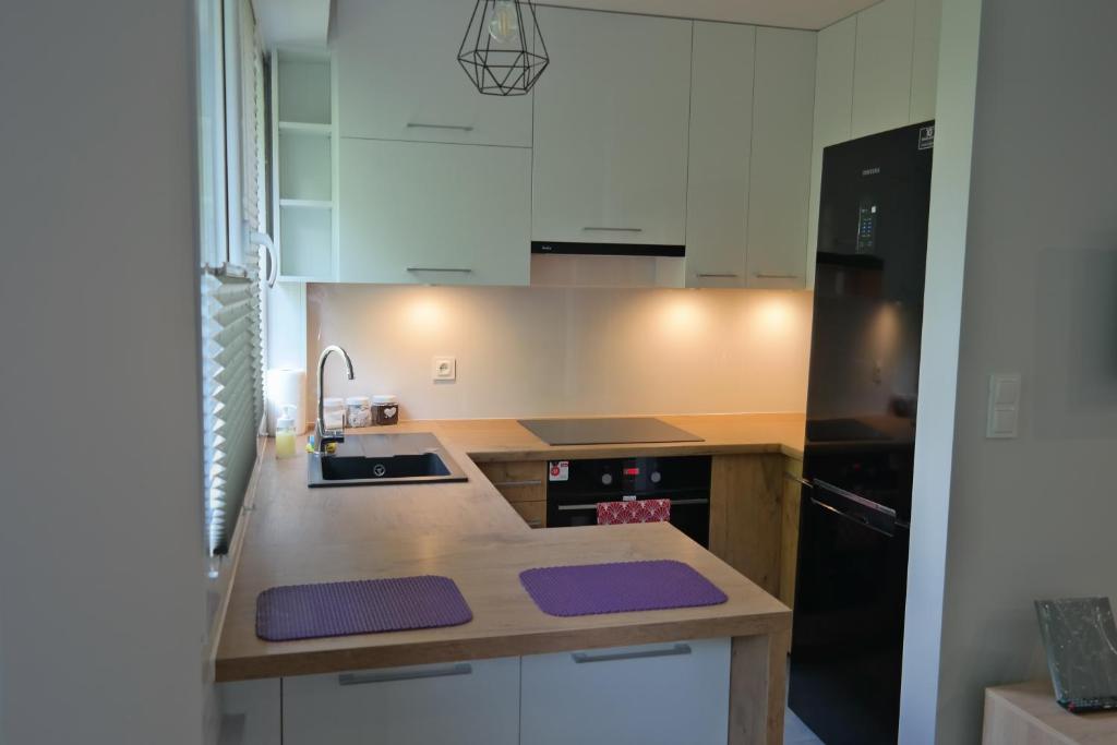 eine Küche mit weißen Schränken und einem schwarzen Kühlschrank in der Unterkunft Apartament Bema in Białystok