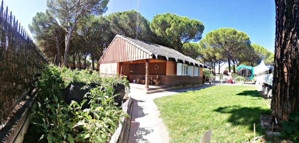 una pequeña casa en un jardín con patio en La Dama Boba, en Olmedo