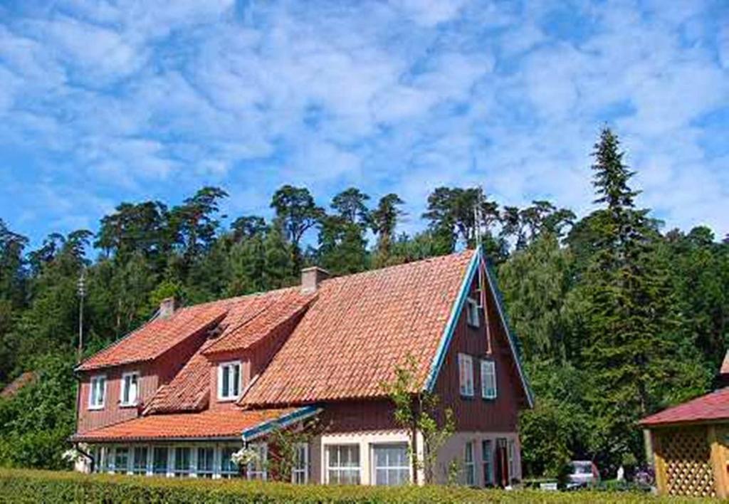 ein großes Haus mit rotem Dach auf einem Feld in der Unterkunft Gedimino Apartamentai in Juodkrantė