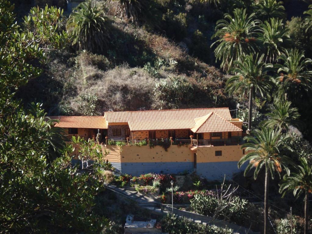 Casa Rural La Era Vieja en Vallehermoso La Gomera في فاليهيرموسو: منزل على جانب تل مع أشجار النخيل