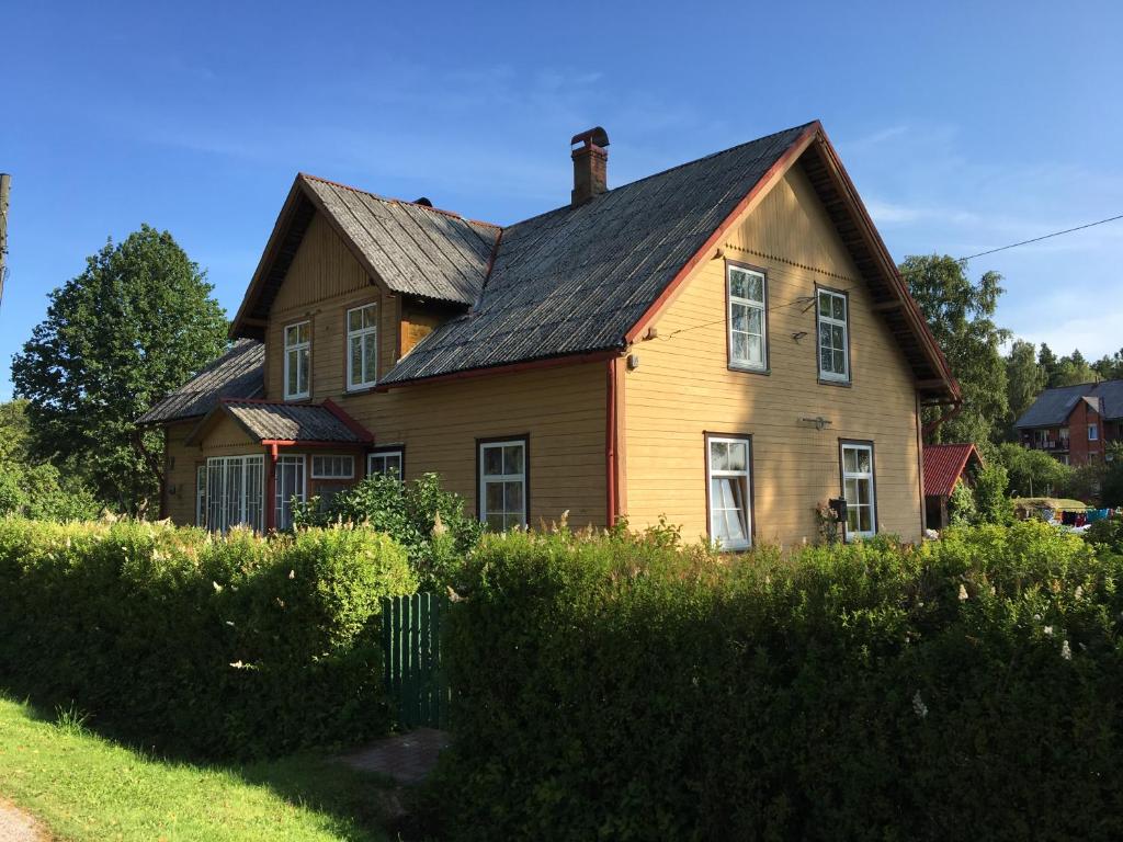 a brown house with a black roof at Krūmiņmāja in Staicele