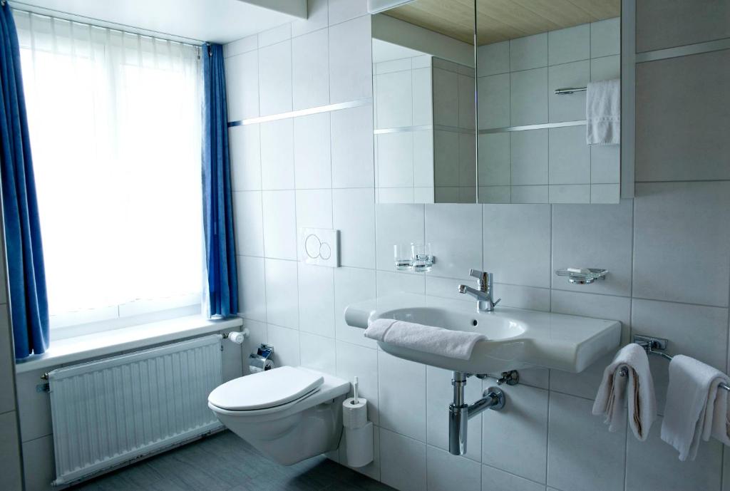 ein weißes Badezimmer mit Toilette und Waschbecken in der Unterkunft Hotel Alpina in Unterschächen