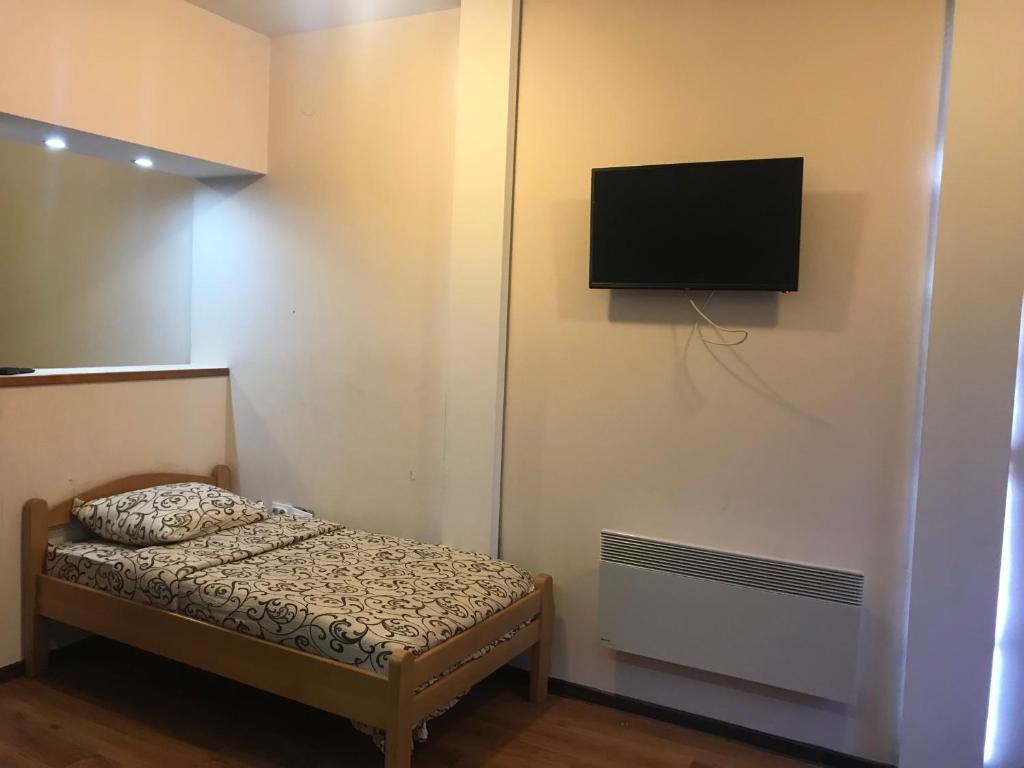 een kleine kamer met een bed en een flatscreen-tv bij Vila Zlatarka Nova Varos in Nova Varoš