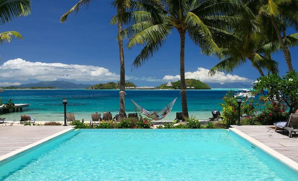 a swimming pool next to a beach with palm trees at ROYAL BORA BORA in Bora Bora