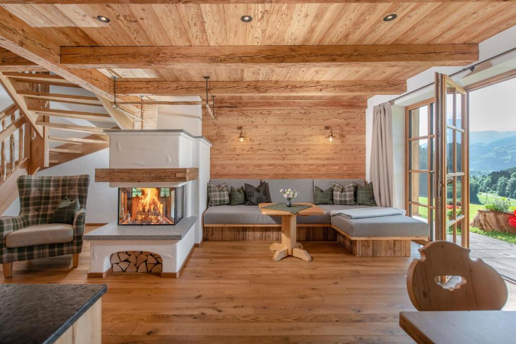 a living room with a couch and a fireplace at Almchalet Linharterhof in Haus im Ennstal
