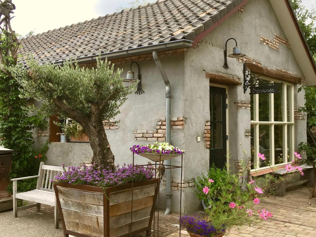 una casa con un banco y flores delante de ella en De Zoete Aagt, en Groesbeek