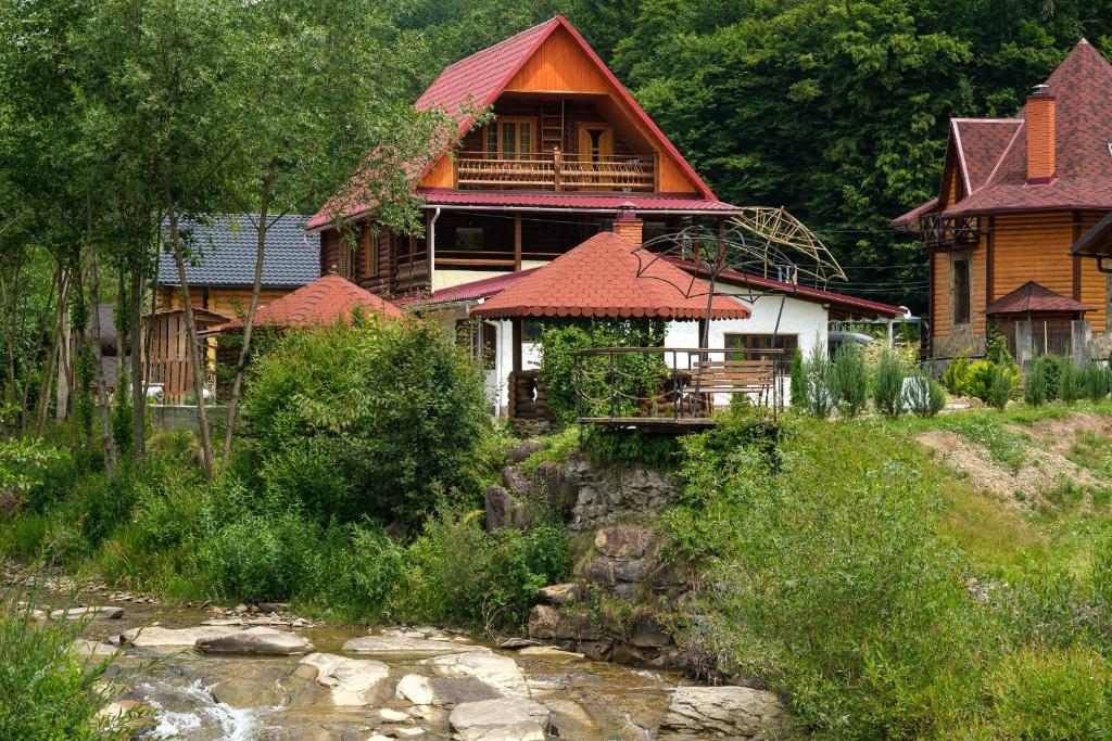 een groot huis met een rivier ervoor bij Yankovsky Dvir in Polyana