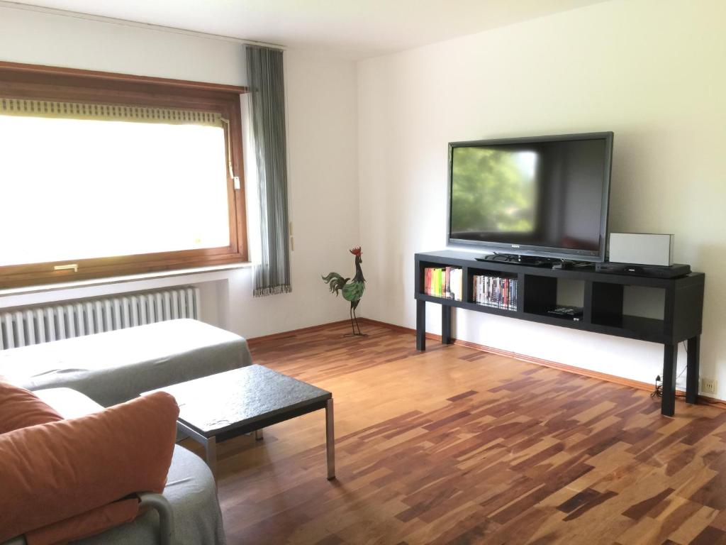 a living room with a flat screen tv and a couch at Wohlfühlen in Wiehl - Drabenderhöhe in Wiehl