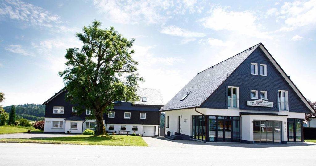 a large black and white house with a tree at Pension Haus Astenblick in Winterberg