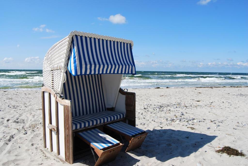 a beach chair sitting on the sand at the beach at Ferienhäuser Südwind in Hiddensee
