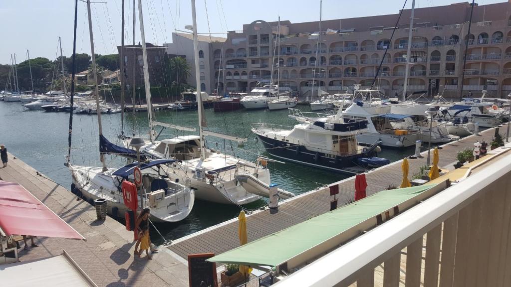 un groupe de bateaux amarrés dans un port de plaisance dans l'établissement Port la Gavine vue mer, à Hyères