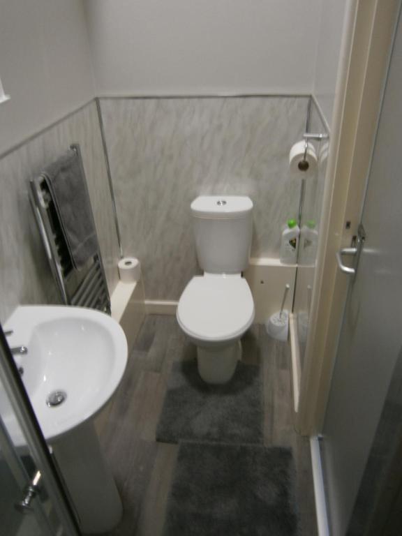 a bathroom with a white toilet and a sink at The Barn - Ilkeston- Close to M1-A52 Long Eaton - Nottingham - Derbyshire - 500Mbs WiFi! in Ilkeston