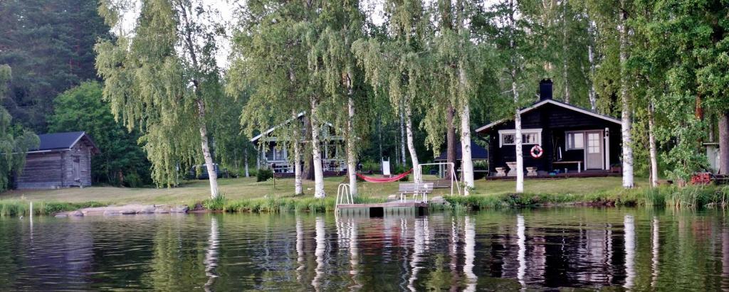 a cabin on the shore of a lake with a swing at Ainola Cottage in Alapitkä