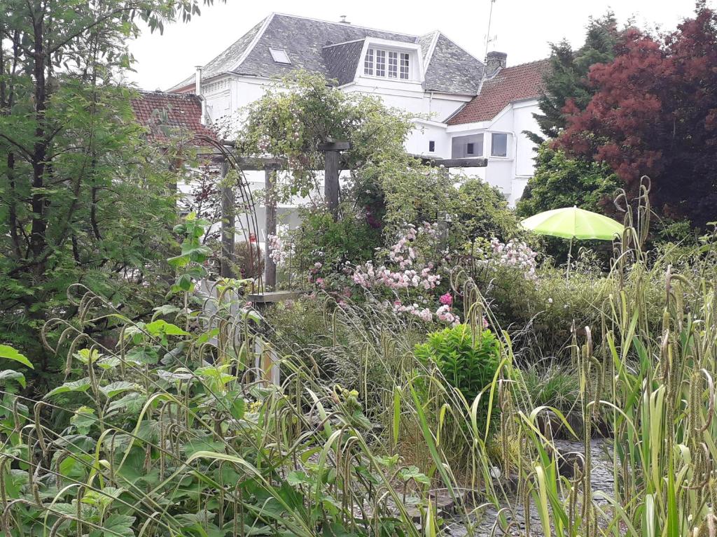 a garden with an umbrella and flowers in front of a house at Au Bois Dormant in Huby-Saint-Leu