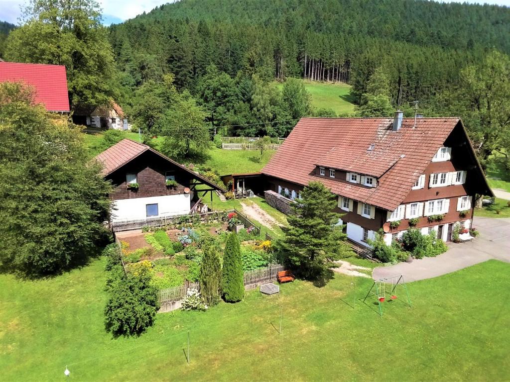 an aerial view of a large house with a yard at Untermetzgersbauernhof Alpirsbach in Alpirsbach