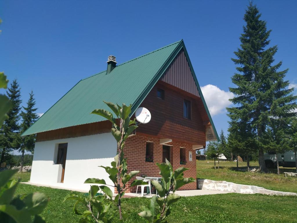 uma casa com um telhado verde e uma árvore em House in forest em Žabljak