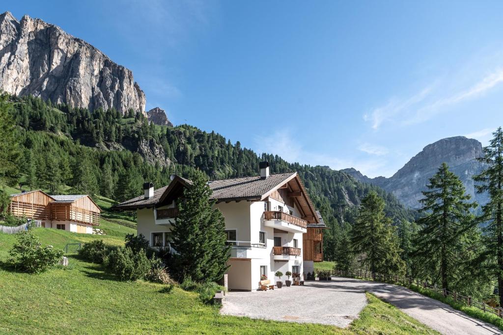 a house on a hill with mountains in the background at Ciasa Roenn in Colfosco