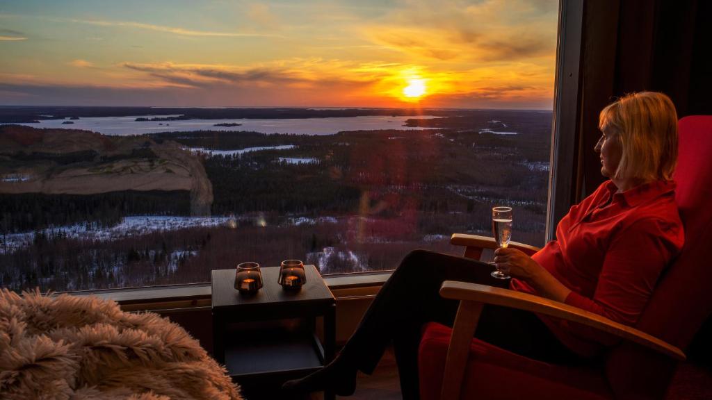 Una donna seduta su una sedia con un bicchiere di vino che guarda fuori dalla finestra di Arctic Giant a Paltamo
