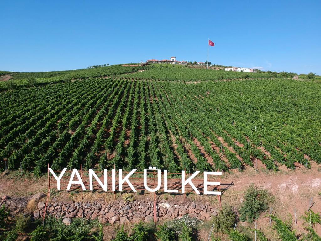 a field of soybean plants with the word variableale on it at Villa Estet Bağ Hotel in Kula