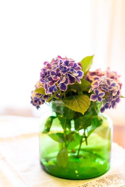 a glass vase filled with purple flowers on a table at Teichwiesn in Sankt Stefan ob Stainz