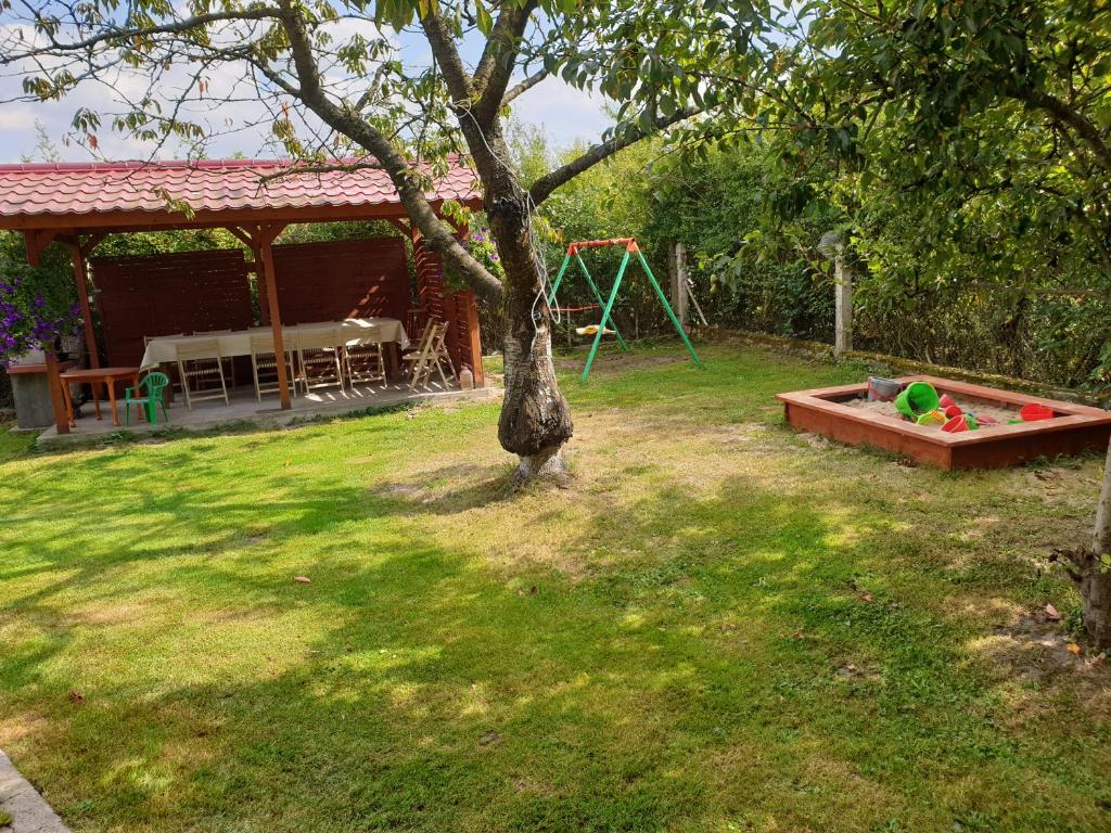 a yard with a tree and a swing set at Pokoje Gościnne Grzybowo in Grzybowo