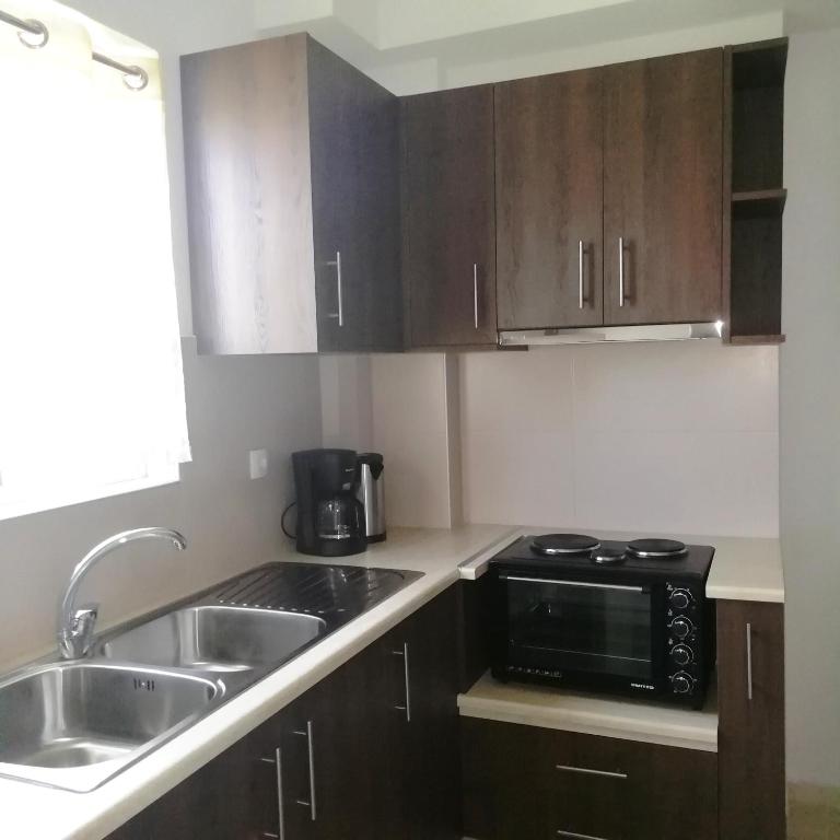 a small kitchen with a sink and a microwave at Hotel Thisvi in Stalís