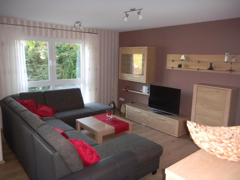 ein Wohnzimmer mit einem Sofa und einem TV in der Unterkunft Ferienwohnung Bernkastel-Kues - Alte Rebschule in Bernkastel-Kues