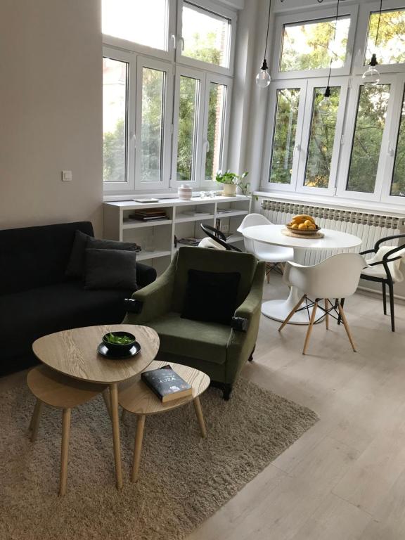 奧西耶克的住宿－Studio apartman Park Galerija，客厅配有沙发和桌子