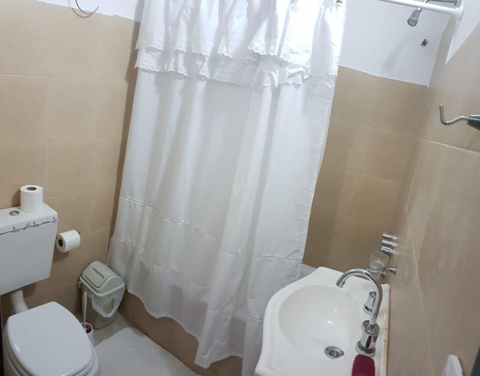 ein Badezimmer mit einem weißen Duschvorhang und einem WC in der Unterkunft Dpto Low Cost Terraza Alem Costanera in Gualeguaychú