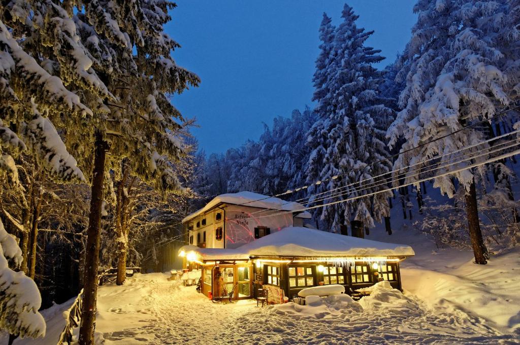 un edificio en la nieve con árboles nevados en Rifugio del Firenze Ninfa, en Sestola