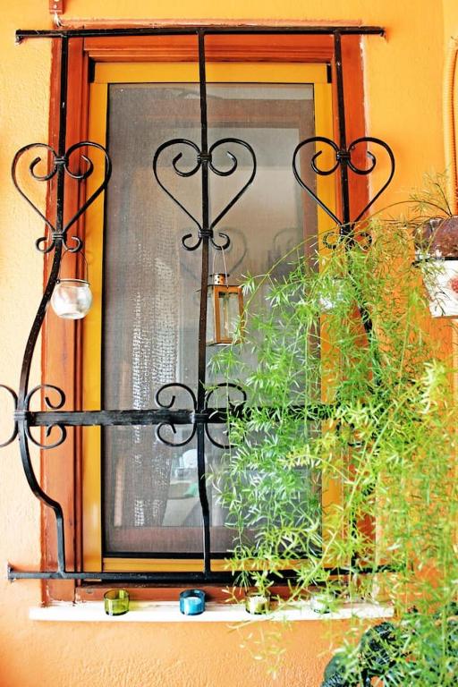 a window with a plant on a window sill at Victoria's Apartment in Thessaloniki