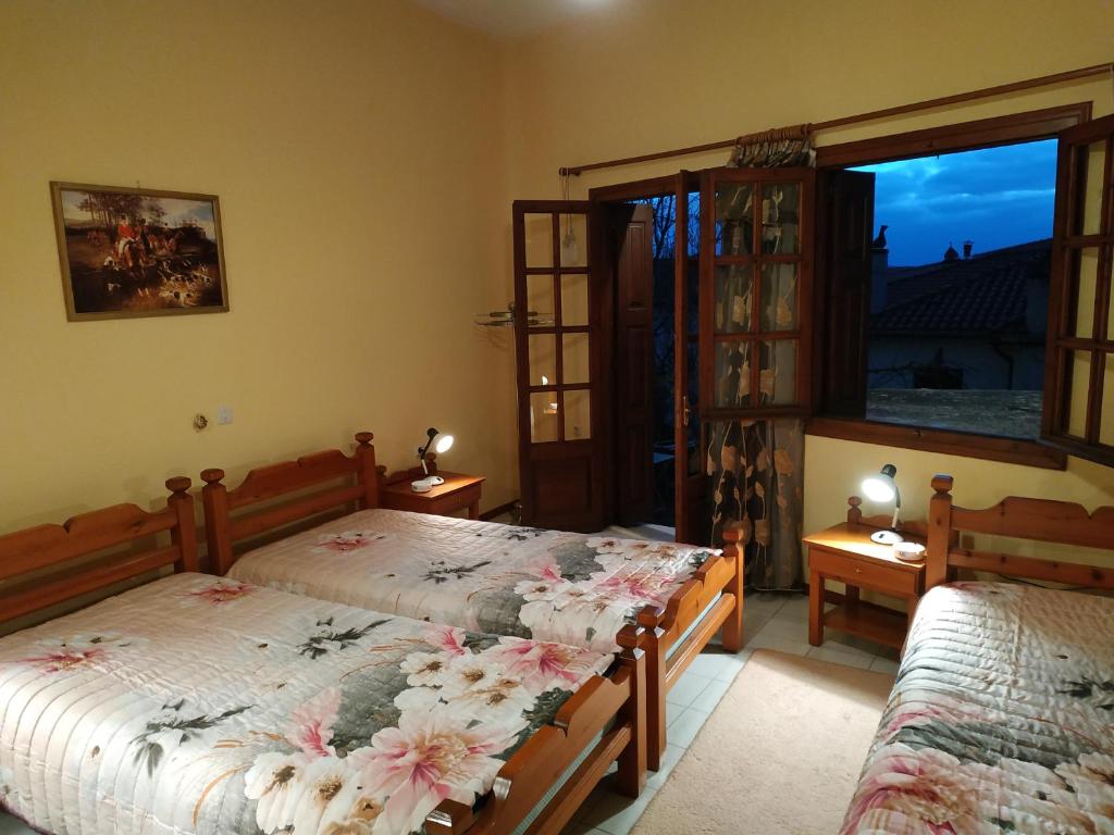 een slaapkamer met 2 bedden en een raam bij Piso Alonia in Arachova