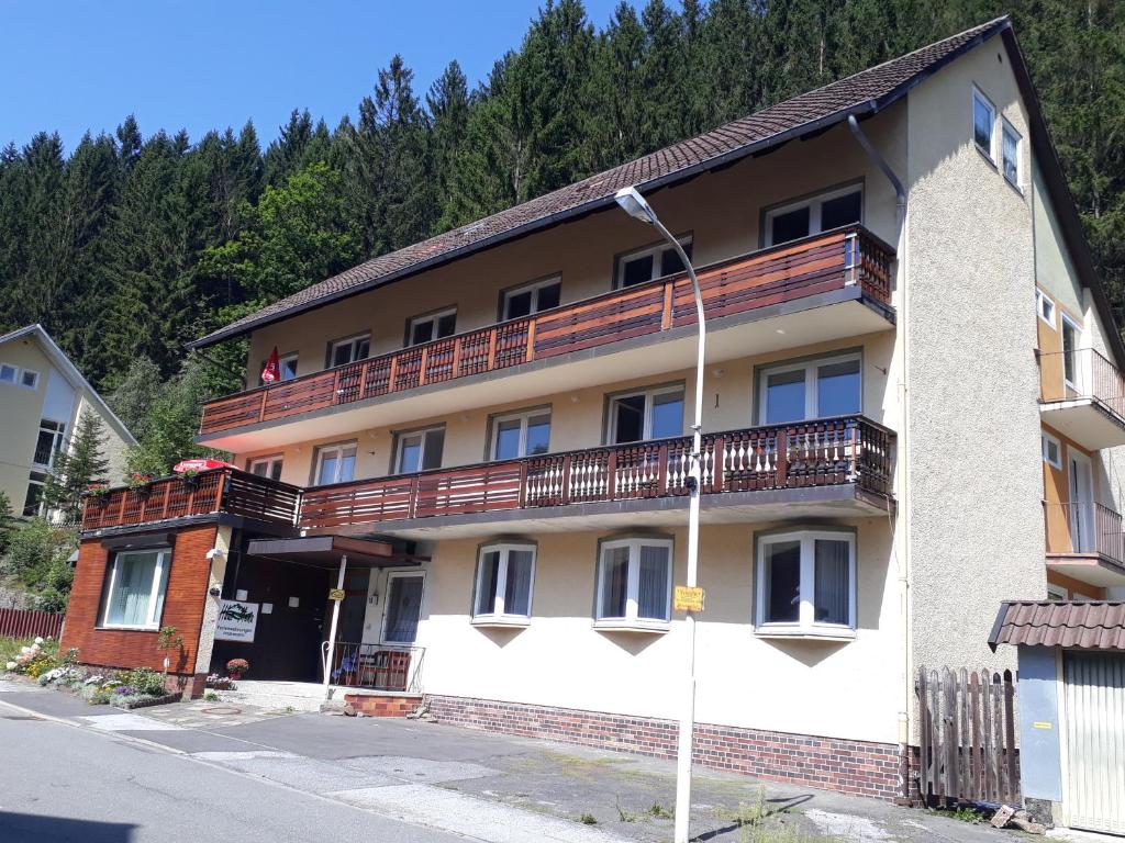 a building with balconies on the side of it at Haus Mena Apartments in Wildemann