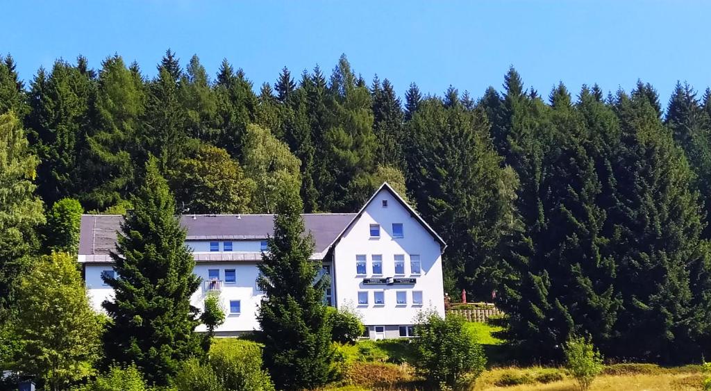 ein weißes Haus mitten im Wald in der Unterkunft Greizer Kammhütte Gaststätte & Pension in Klingenthal