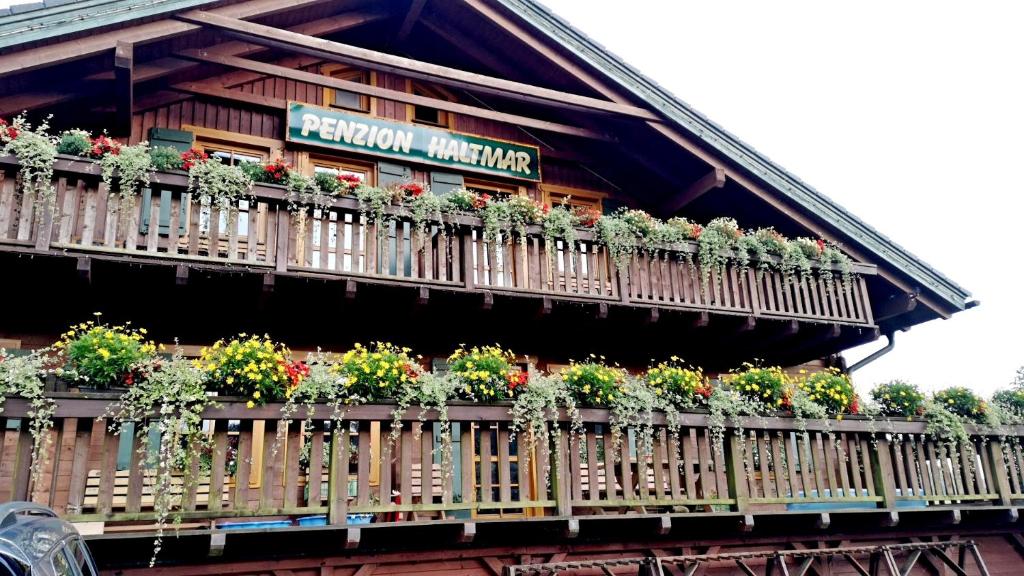 ein Gebäude mit vielen Pflanzen auf dem Balkon in der Unterkunft Penzion Haltmar in Ostružná