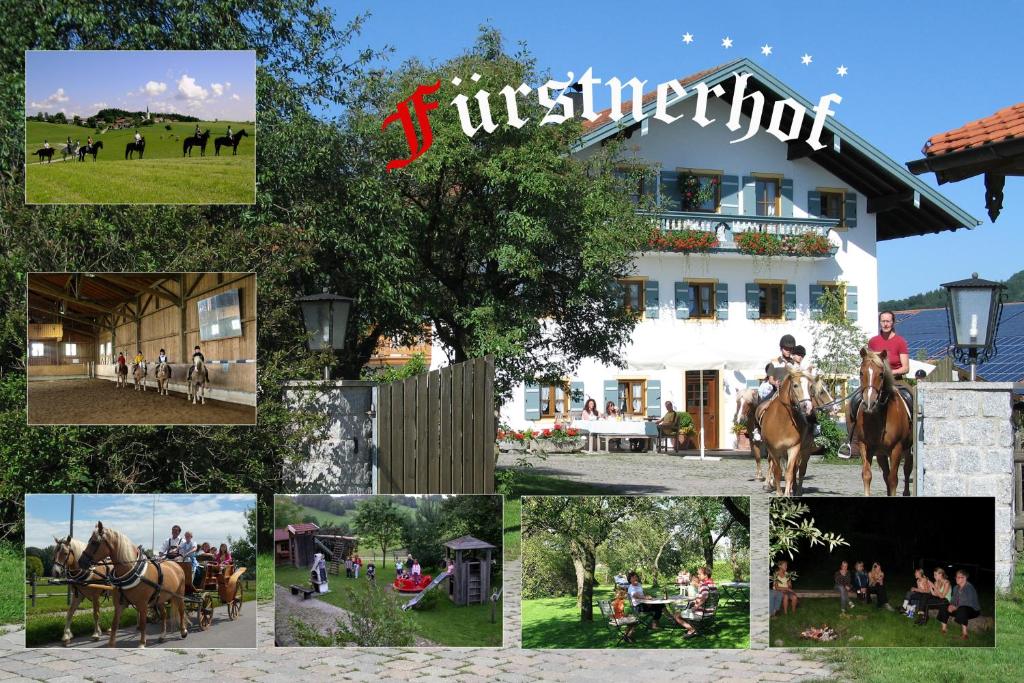 uma colagem de fotos com pessoas a cavalo e um edifício em Fürstnerhof Chiemsee em Rimsting