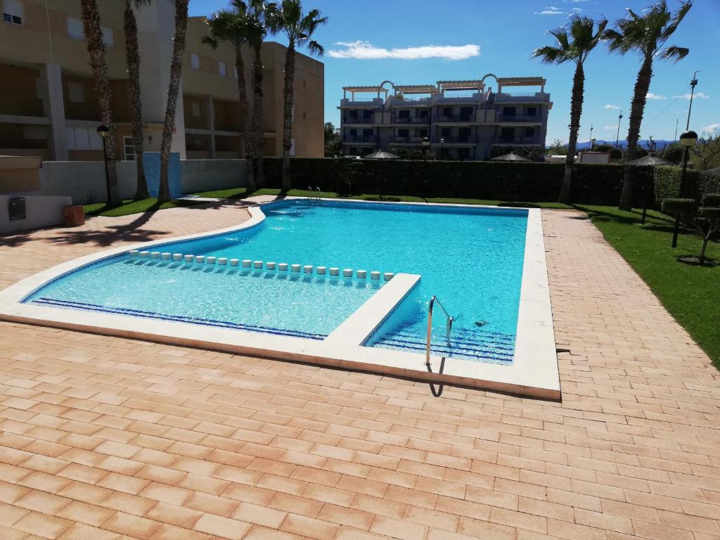 a swimming pool in a yard with palm trees at Las Terrazas Solo Familias Serviplaya in Playa de Xeraco